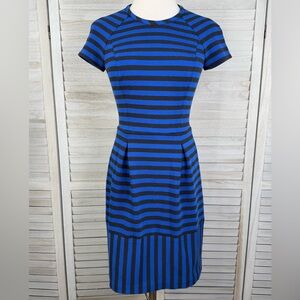 BANANA REPUBLIC Short Sleeve Pleated Fit & Flare Dress Black & Blue Stripes-0